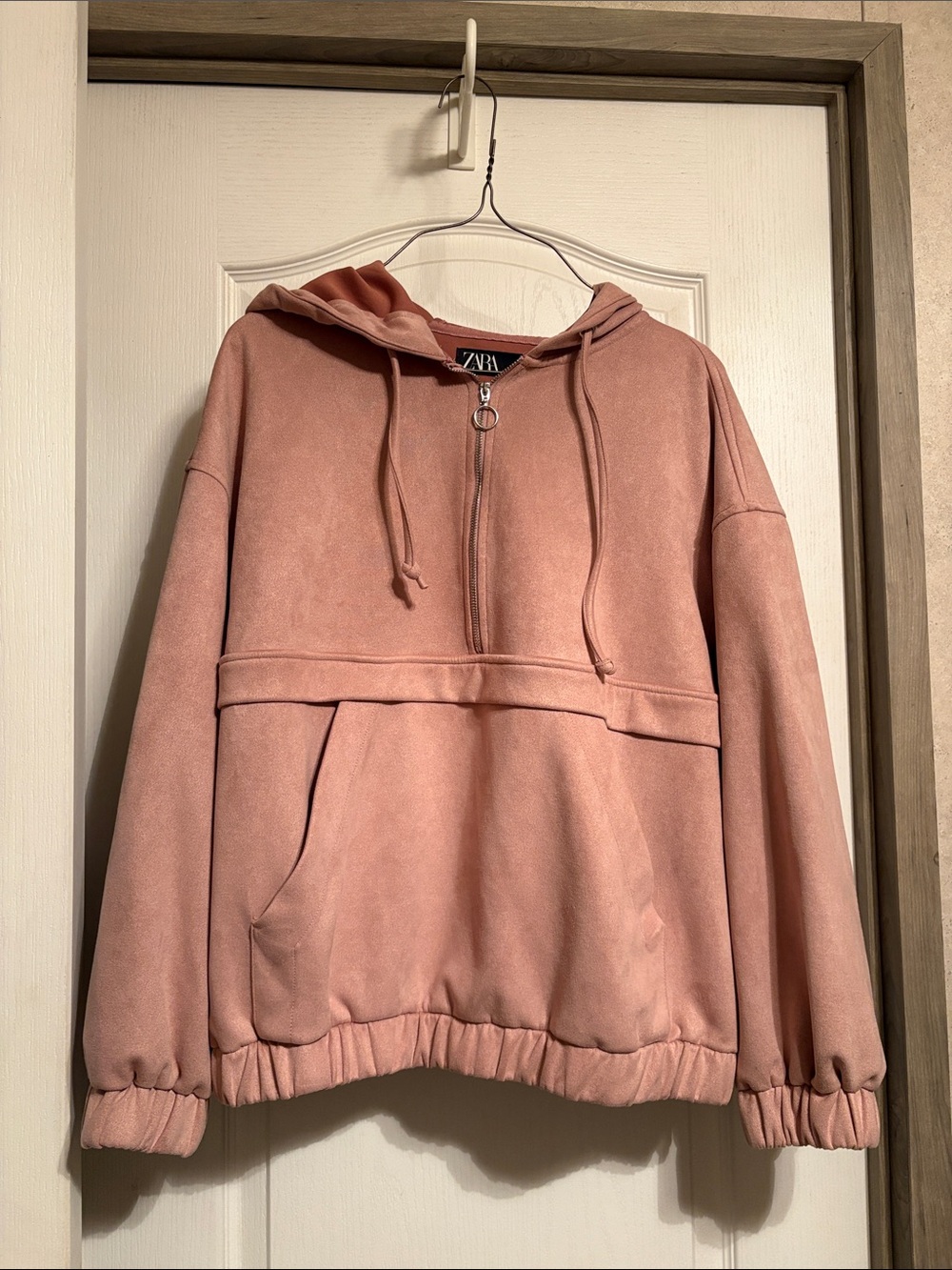 Zara Dusty Rose Hooded Teddy Pullover with Half-Zip